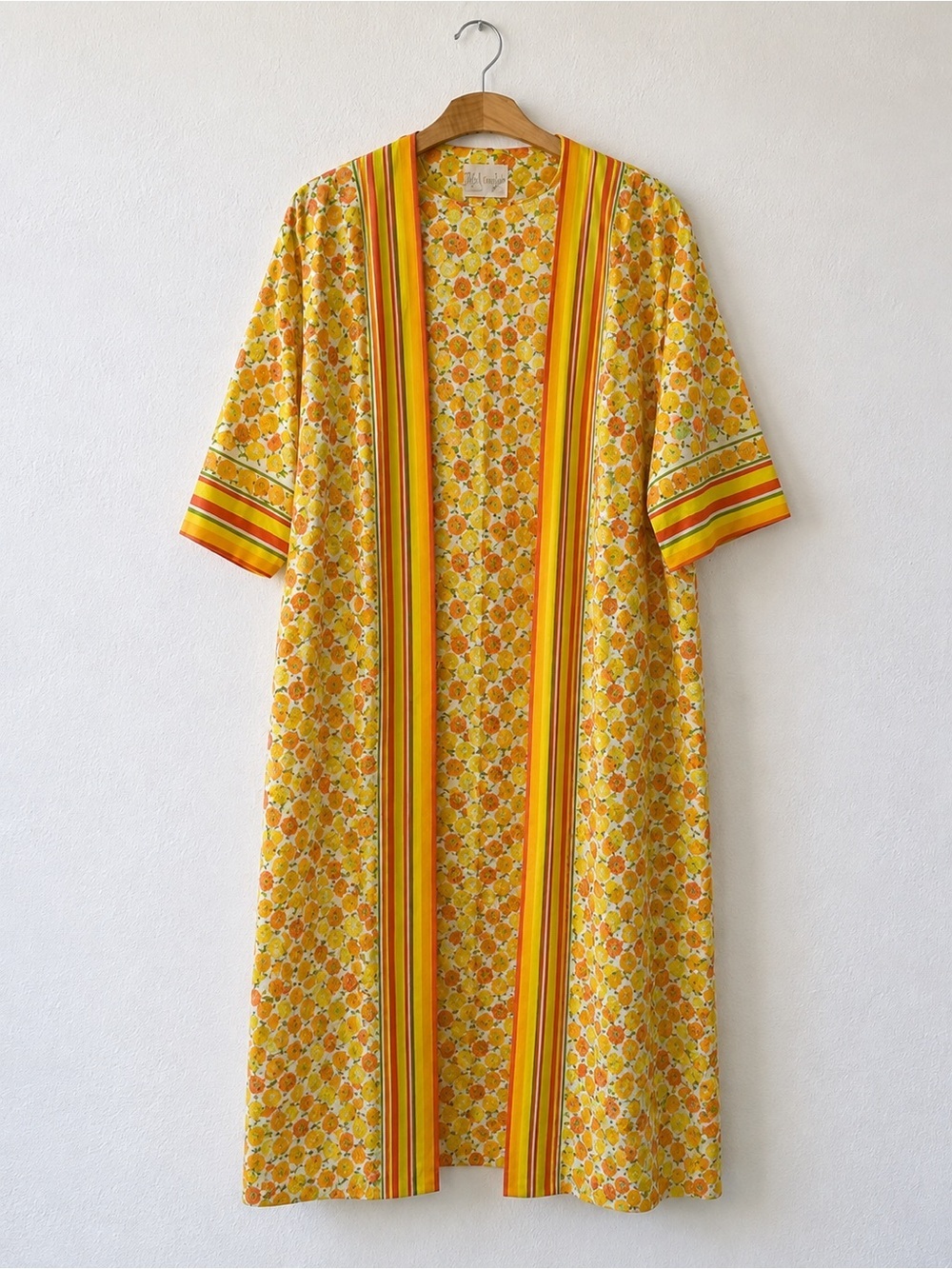 Vintage 1960s Fifth Avenue Robes Floral Kaftan Robe M/L Yellow Orange Mod Maxi